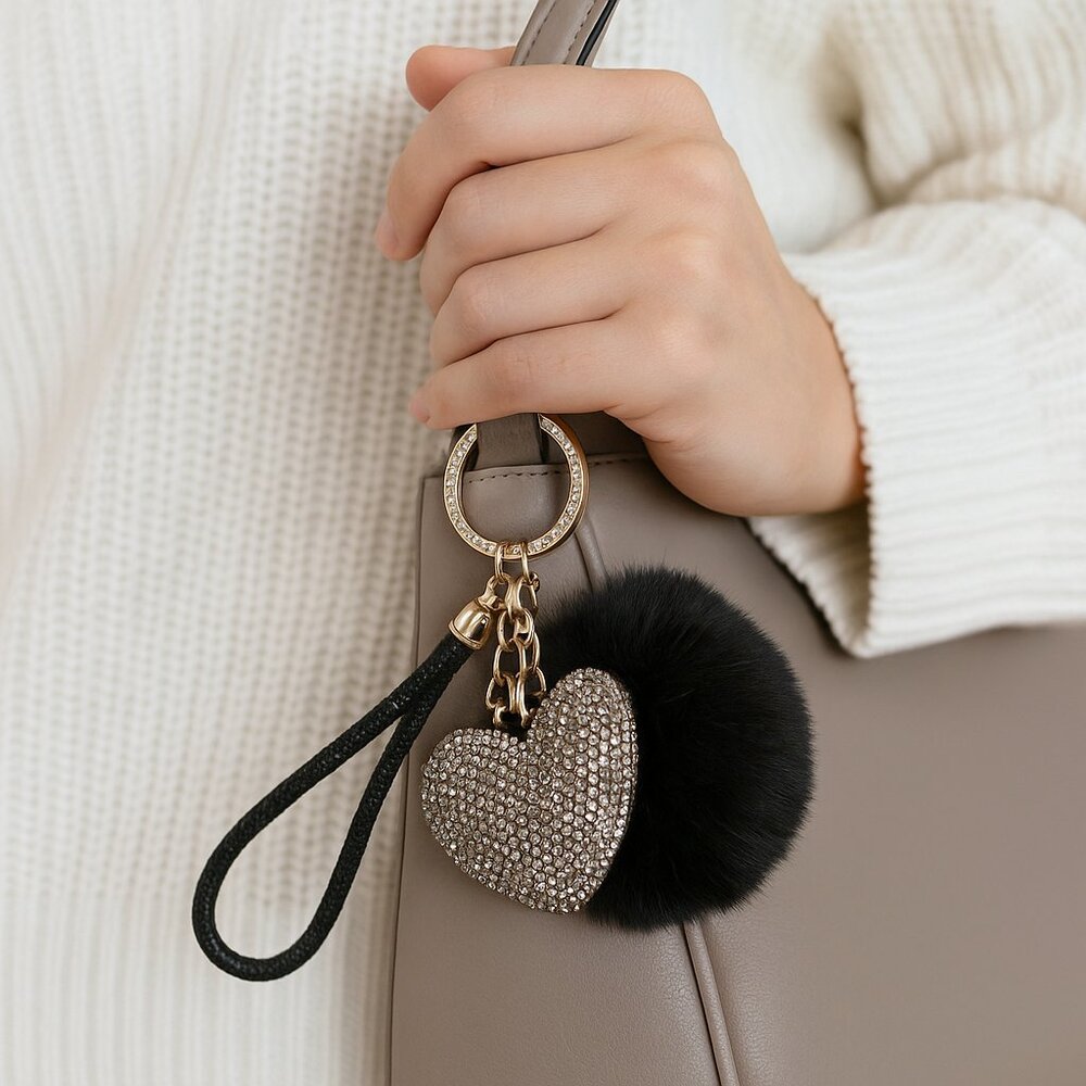 Blingy Heart Bag Charm w/ Black Pom Pom & Wrist Strap | Studio | NEW